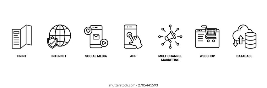 Ilustração vetorial do ícone da web do banner da mídia cruzada com o ícone da impressão, internet, mídia social, aplicativo, marketing multicanal, webshop e banco de dados