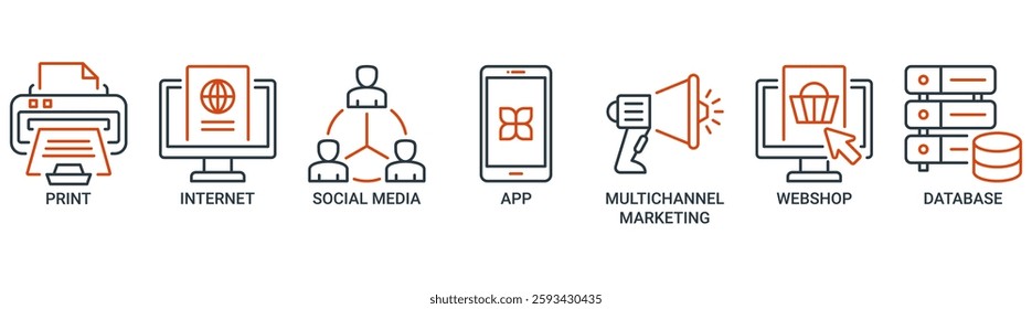 Cross-media icon set vector illustration concept with icon of print, internet, social media, app, multichannel marketing, web shop and database icons. Outline vector symbol background.