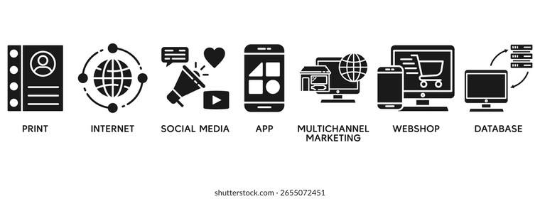 Concepto de Ilustración vectorial de conjunto de iconos de medios cruzados relacionado con la impresión, Internet, redes sociales, App, marketing multicanal, tienda web y base de datos