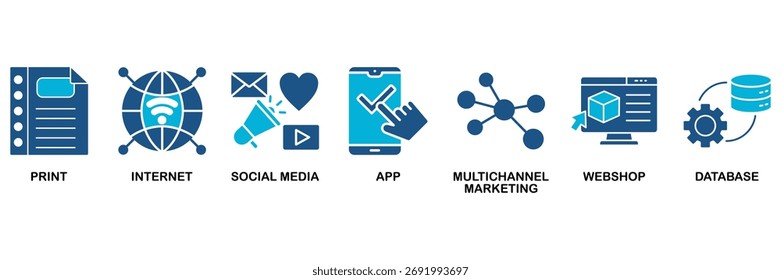 Cross-media icon set vector illustration concept for print, internet, social media, app, multichannel marketing, webshop and database