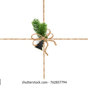 Crossover burlap strings for Christmas decorations, cards, packaging, background. Decoration or bouquet of composition of Christmas tree branches and Christmas decorations on top. Realistic vector