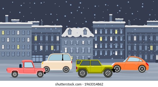 Crossover, cross country car, station wagon, car with tinted glasses vector illustration. Transport drive on asphalt road with markings. Automobiles without drivers on background of city in winter