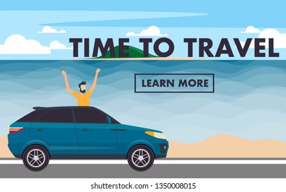 Crossover modern SUV car in flat minimal design style with a man over the sunroof driving along the sea coast in tropical natural landscape