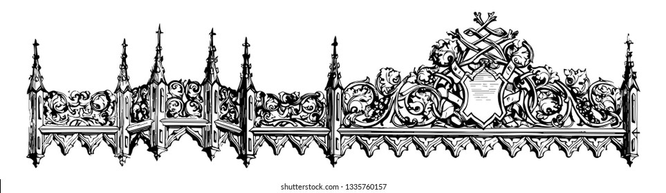 Crosspiece is part of a canopy which extends across or perpendicular piece placed across something transverse, horizontal in piece, vintage line drawing or engraving illustration.