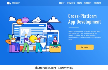Cross-platform app development, web studio or team concept. Small people stand near big screen, phone, tablet. Modern design vector illustration. Web landing page template