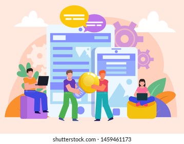 Cross-platform application creation process, team. Group of people stand near big smartphone, tablet. Flat design vector illustration. Poster for social media, web page, banner, presentation