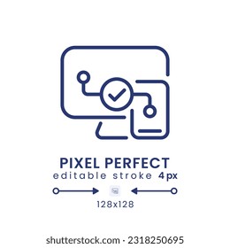 Cross-platform compatibility linear desktop icon. Streaming on multiple devices. Pixel perfect 128x128, outline 4px. GUI, UX design. Isolated user interface element for website. Editable stroke