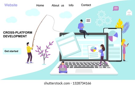 Cross-platform developmen landing page website vector template. People performing operations while using the same program on computer and mobile device. Cross platform app development services concept