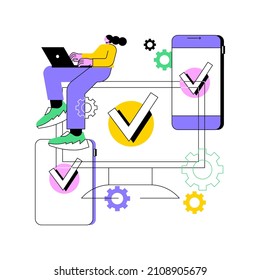 Cross-platform development abstract concept vector illustration. Cross-platform operating systems, compatible software environments, mobile app user experience, code writing abstract metaphor.