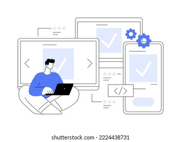 Cross-platform development abstract concept vector illustration. Cross-platform operating systems, compatible software environments, mobile app user experience, code writing abstract metaphor.