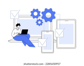 Cross-platform development abstract concept vector illustration. Cross-platform operating systems, compatible software environments, mobile app user experience, code writing abstract metaphor.