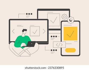 Ilustración vectorial de concepto abstracto de desarrollo de plataformas cruzadas. Sistemas operativos multiplataforma, entornos de software compatibles, experiencia de usuario de aplicaciones móviles, metáfora abstracta de escritura de código.