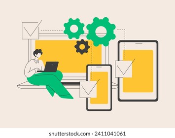 Cross-platform development abstract concept vector illustration. Cross-platform operating systems, compatible software environments, mobile app user experience, code writing abstract metaphor.