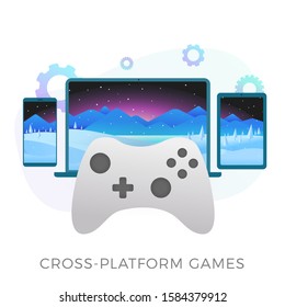 Cross-platform gaming - launch of video games with quick load and save progress files on several devices - phone, tablet and laptop computer. Flat gaming devices with a game joystick in the foreground