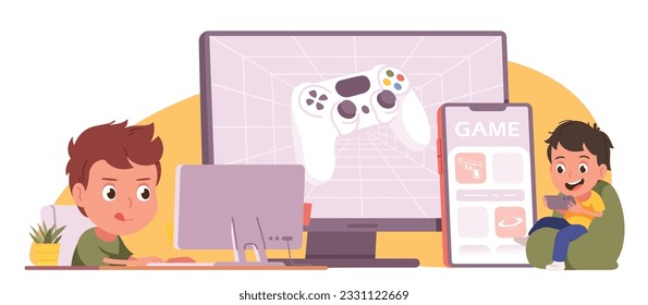 Cross-platform gaming on mobile phone, computer. Gamer boys kids persons playing video game together online on PC and smartphone cell device. Cross-platform play app concept flat vector illustration