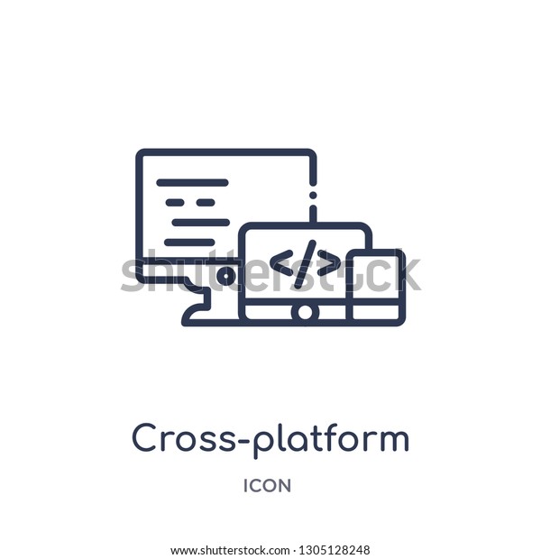 プログラミング アウトライン コレクションのクロス プラットフォーム アイコン 白い背景に細い線のクロスプラットフォームアイコン のベクター画像素材 ロイヤリティフリー