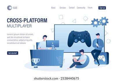 Cross-platform multiplayer landing page template. Various gamers ,big game controller on tv screen. People with different smart gadgets playing video games. E-sports team, group of gamers. flat vector