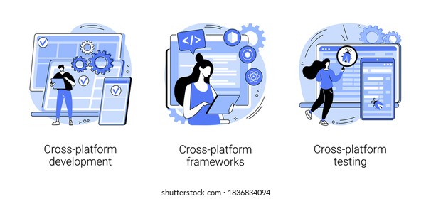 Cross-platform operating system abstract concept vector illustration set. Cross-platform development, software app framework, multi platform testing, code writing, user experience abstract metaphor.