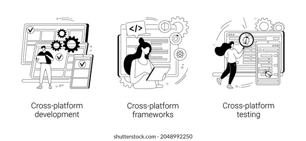 Cross-platform operating system abstract concept vector illustration set. Cross-platform development, software app framework, multi platform testing, code writing, user experience abstract metaphor.