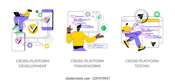 Cross-platform operating system abstract concept vector illustration set. Cross-platform development, software app framework, multi platform testing, code writing, user experience abstract metaphor.