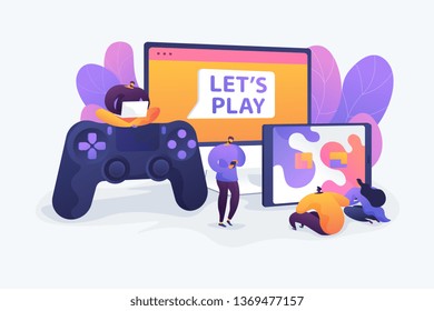 Cross-platform play, cross-play, cross-platform gaming on different video game hardware concept. Vector isolated concept illustration with tiny people and floral elements. Hero image for website.