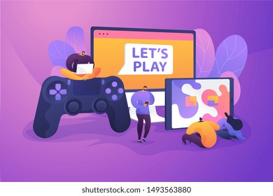 Cross-platform play, cross-play, cross-platform gaming on different video game hardware concept. Vector isolated concept illustration with tiny people and floral elements. Hero image for website.