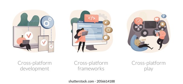 Cross-platform software abstract concept vector illustration set. Cross-platform development frameworks, online multiplayer, mobile app user experience, code writing, console player abstract metaphor.