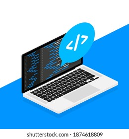 Cross-platform software. Coding laptop. Digital learning. Flat isometric vector illustration. Laptop screen.