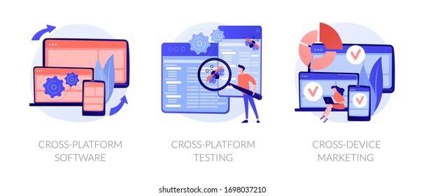 Cross-platform software metaphors. Multi-platform testing, platform-independent software, cross device marketing. Cartoon programmer character. Vector isolated concept metaphor illustrations