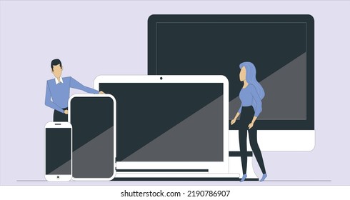 Cross-platform software metaphors. Multi-platform testing, platform-independent software, cross device marketing. Cartoon programmer character. Vector isolated concept metaphor illustrations