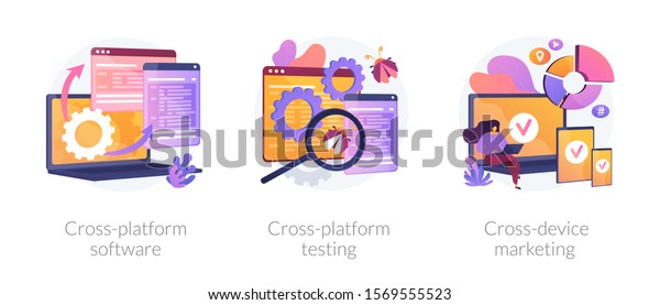 Cross-platform software metaphors.\
Multi-platform testing, platform-independent software, cross device\
marketing. Cartoon programmer character. Vector isolated concept\
metaphor\
illustrations