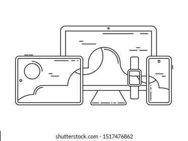 Cross-platform Vector Icons Illustration. Cross Platforming Devices. Smart Tablet, Smartphone, Watch, Desktop with Single Background on the Screen.