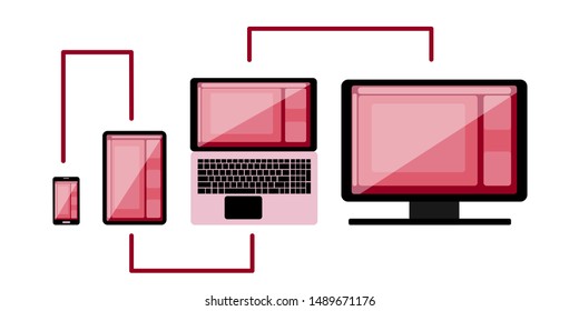 Cross-platform web content. Devices - smartphone, tablet, laptop and desktop computer with open web pages in a browser and a place for text. Flat vector illustration. Multi-platform. White background