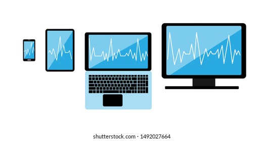 Cross-platform web content. Devices - smartphone, tablet, laptop and desktop computer with open web pages in a browser and a place for text. Cardiogram on all screens. Multi-platform content. 
