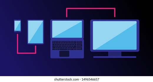 Cross-platform web content. Devices - a smartphone, tablet, laptop and desktop computer with a line passing through them, combining. Flat vector illustration. Multi-platform content. Dark background