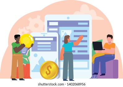 Cross-platform website development team. People stand near big smartphone, tablet. Poster for social media, banner, presentation, web page. Flat design vector illustration