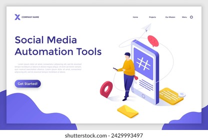 Cross-posting isometric vector landing page. Digital marketing, online platform, post planner, social media cross posting, link sharing, smm, repost, post promotion concept illustration