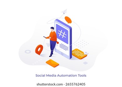 Cross-posting isometric vector landing page. Digital marketing, online platform, post planner, social media cross posting, link sharing, smm, repost, post promotion concept illustration