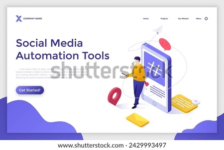 Cross-posting isometric vector landing page. Digital marketing, online platform, post planner, social media cross posting, link sharing, smm, repost, post promotion concept illustration