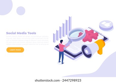 Cross-posting social, Social network, media promotion, push advertising concept. Isometric Vector illustration.