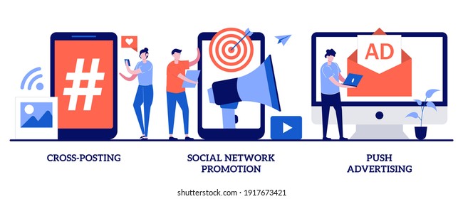 Publicación cruzada, promoción de redes sociales, impulso al concepto de publicidad con gente pequeña. Conjunto de ilustraciones vectoriales de promoción de medios. Comentario y similares, marketing digital, metáfora de smm y post-compartir.