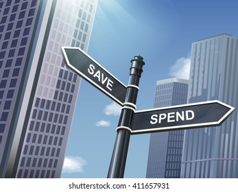crossroad 3d illustration black road sign saying spend and save