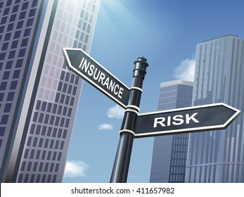 crossroad 3d illustration black road sign saying risk and insurance