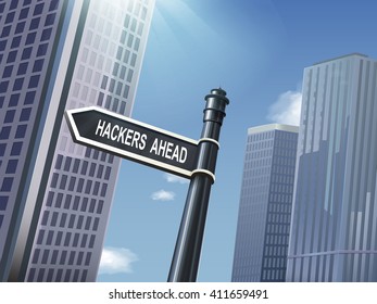 crossroad 3d illustration black road sign saying hackers ahead