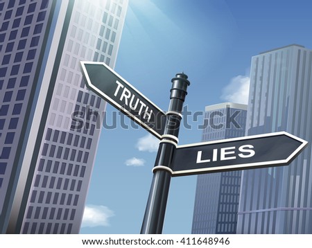 crossroad 3d illustration black road sign saying lies and truth