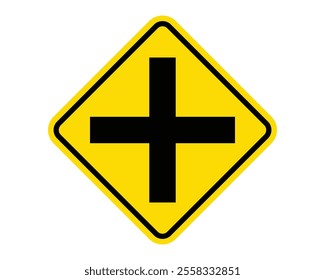 Crossroad Ahead Warning Sign Featuring a Yellow Diamond Shape with a Black Cross, Indicating an Upcoming Intersection, Available as a Vector File