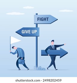 Crossroad with arrows. Winner and loser. sad businessman waving white flag. Ambitious entrepreneur dont give up and fight. Concept of overcoming obstacles and win. Give up on work and business. vector