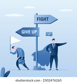 Crossroad with arrows. Winner and loser. sad businessman waving white flag. Strong hero entrepreneur dont give up and fight. Overcoming obstacles and win. Give up on work and business. flat vector