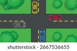 Crossroad with cars, intersection, traffic laws, rules. Urban infrastructure, city map.top view. Four car ways crossing,  Vector illustration, flat design.