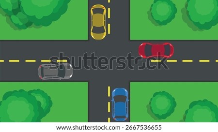 Crossroad with cars, intersection, traffic laws, rules. Urban infrastructure, city map.top view. Four car ways crossing,  Vector illustration, flat design.